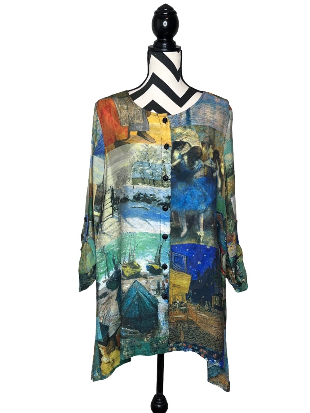 John Mark Sz M Art to Wear Frida Art Patchwork Button Front Tunic Top